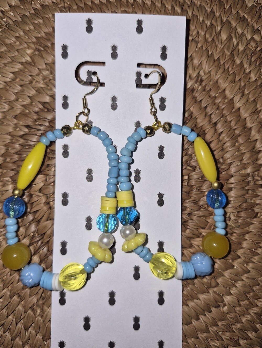 Handmade Blue and Yellow Beaded Hoop Earrings